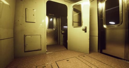 La lumière illumine un compartiment de train vide avec des finitions métalliques