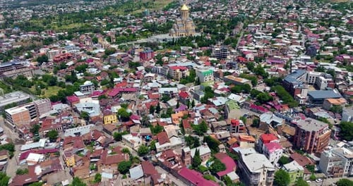Tbilisi Town With Holy Trinity Cathedral In Georgia - Aerial Drone Shot