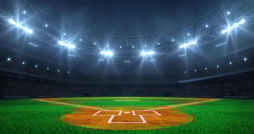 Modern Sport Stadium At Night And Baseball Field Ready For The Match. Professional 4 K Video Loop