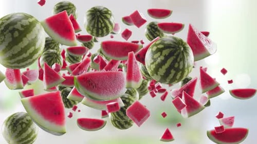 Fresh Watermelon Slices and Whole Fruits Falling Animation