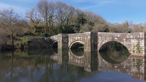 Tranquil View Of Brandomil Bridge (Ponte Romana de Brandomil) In Zas, Galicia, Spain. Aerial Zoom In