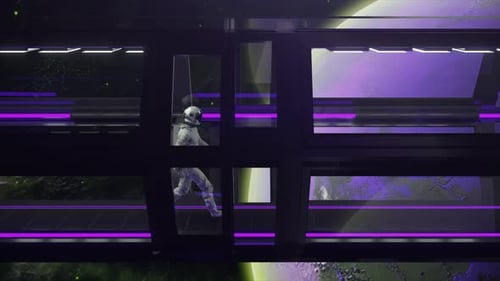 Space Concept Astronaut Going Through the Long Tunnel to Another Compartment of the Space Gateway 3d