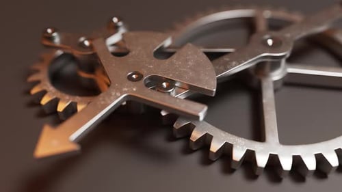 Loop-Animation einer mechanischen Struktur aus Metallzahnrädern.