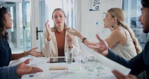 Meeting, conflict or business woman with office team for paper, argument or audit mistake