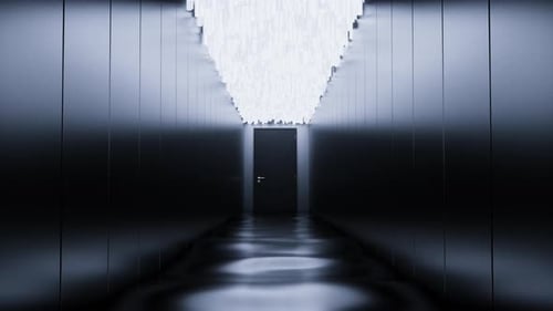 Dream during sleep with dark scary surreal corridor with a door at the end