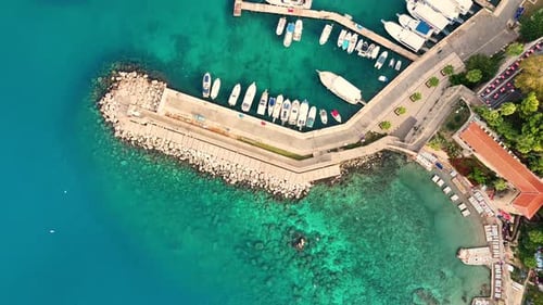 Aerial view of the peaceful Kaleici Marina and historic Old Town in Antalya, Turkey, showcasing stun