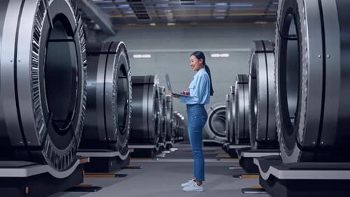 Asia Professional Female Work On Laptop In Metal Factory
