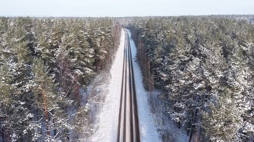 Vista aérea da estrada coberta de neve através da floresta de inverno