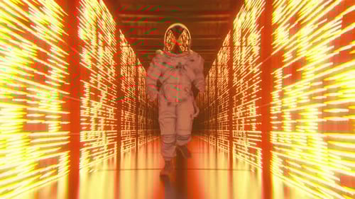 Astronaut Running Through Glowing Digital Data Tunnel Loop