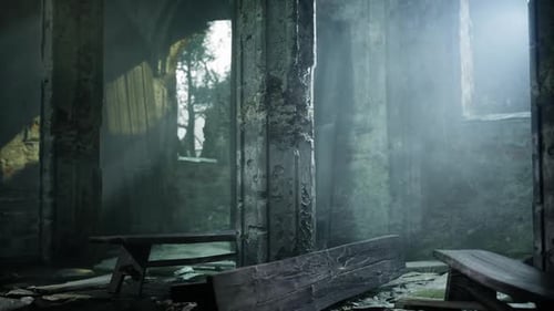 Sunlight Streams Through Broken Windows in an Abandoned Building