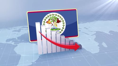 Belize Flag With Decrease Bar Chart Graph And Arrow Red