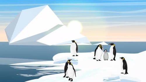 Animated Flat Design Penguin Family on Ice
