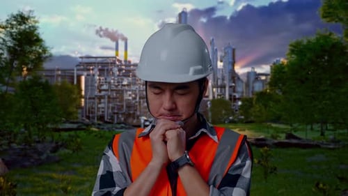 Nahaufnahme eines asiatischen männlichen Ingenieurs, der vor einer Ölraffinerie für etwas betet