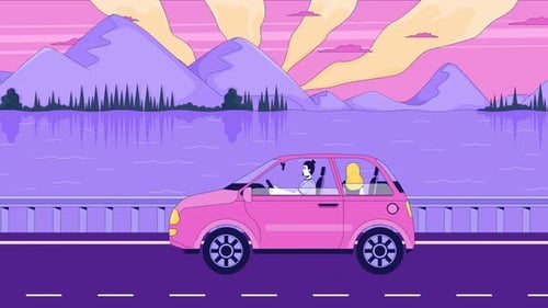 Roadtrip couple driving scenic sunset lake highway lofi animation cartoon wallpaper