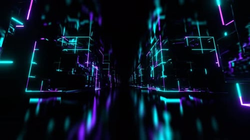 Purple And Turquoise Cyber Space With Neon Abstract Cubic Forms Background Vj Loop In 4K
