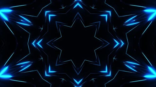 Blaues Sternenmuster auf schwarzem Hintergrund mit blauer Mitte. Kaleidoskop VJ Loop