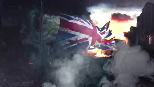 Union Jack Flag with Burst Effect in Ruined City