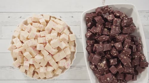 Bowls of Chocolate and Vanilla Fudge Pieces