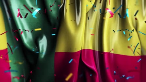 Waving Flag of Benin with Colorful Confetti Celebration