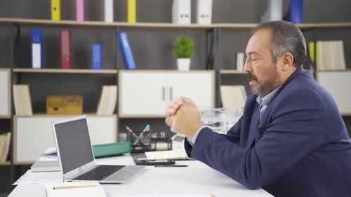 Mature Adult Talking at Desk in Office