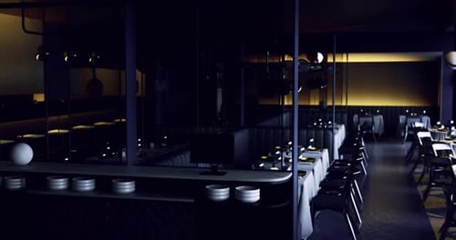 Elegant Interior of a Modern Restaurant at Night with Dim Lighting