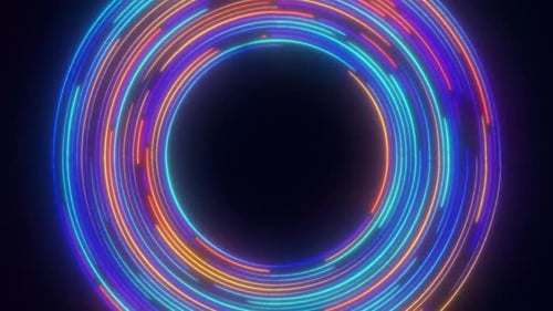 Glowing wavy colorful light lines circle technology background