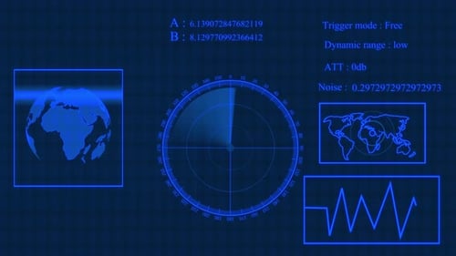 Digital technology world map, different information showing radar screen display animated background