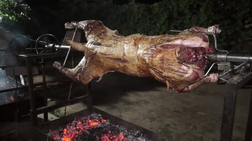 Whole lamb barbeque roasting slowly