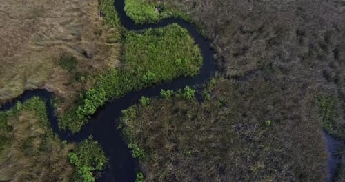A smooth and steady drone shot showing a meandering river in the Florida marshes.
