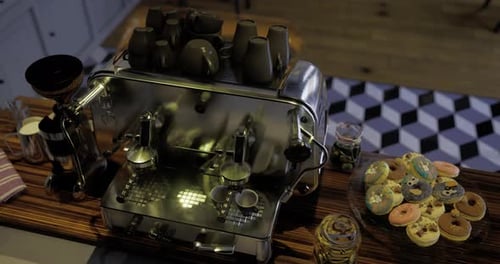 Elegant Coffee Setup with Pastries in a Cozy Cafe Setting