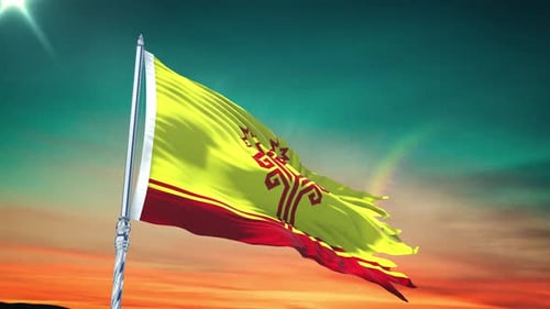 Realistic Torn Flag Waving at Sunset with Stylized Emblem