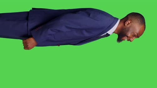 Man in Suit Skydiving on Green Screen