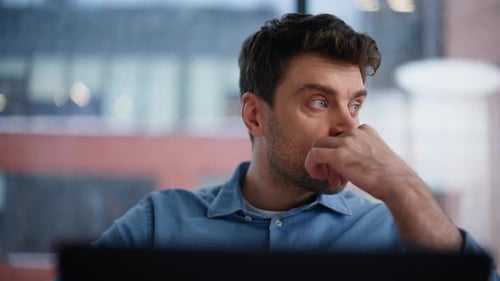 Focused Programmer Thinking Code Looking Laptop Closeup Serious Man Developer
