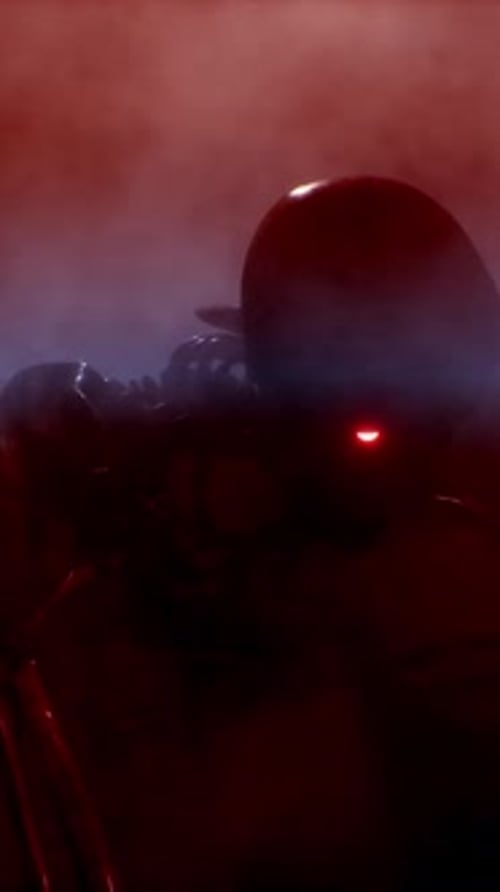 Ein gruseliges Skelett mit leuchtenden Augen krabbelt im Nebel direkt auf dich zu. Halloween-Konzept.