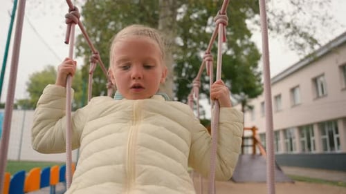 Little European Girl Walking on Climbing Playground Physical Activity Playing Weekend Outside