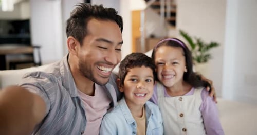 Happy family, siblings or father in selfie with kids in lounge to relax on social media together