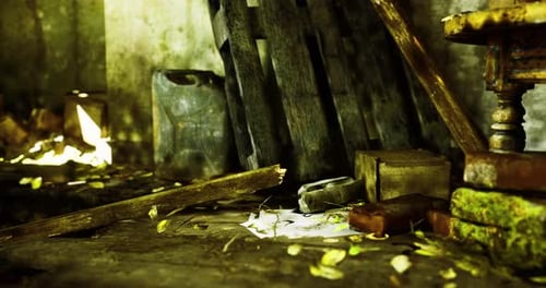 Dusty Abandoned Room with Scattered Debris and Sunlight Filtering Through