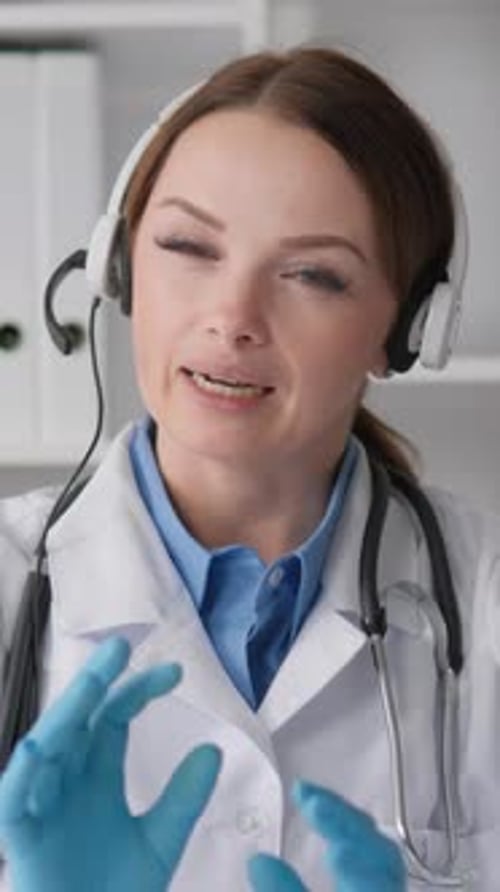 Doctor Wearing Headset Explains Information in Office Setting