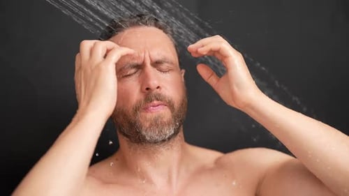 Bearded Man Enjoying Relaxing Shower, Washing Hair