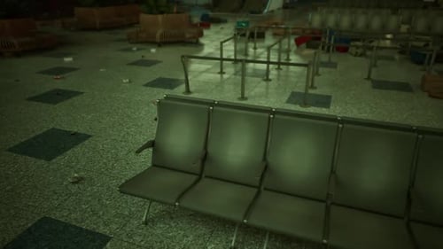 Abandoned Airport Terminal Filled with Empty Seats and Scattered Debris