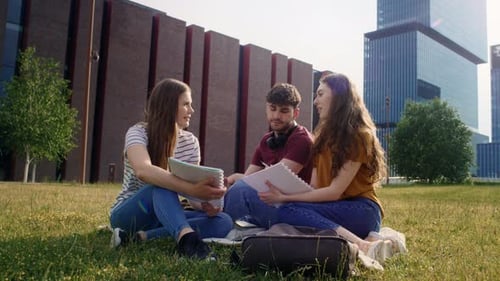 Weitwinkelaufnahme einer Gruppe kaukasischer Studenten, die außerhalb des Universitätscampus studieren. Mit ROTEM Helium gedreht