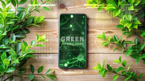 Green Technologies Being Displayed on Smartphone with Leaves and Code