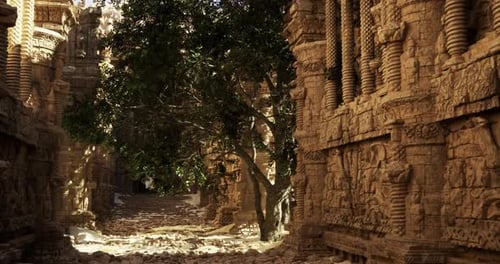 Ruins Adorned with Detailed Carvings Stand Quietly Bathed in Soft Sunlight