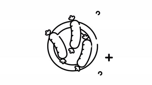 Animationswurst mit Teller-Strichgrafikone. Animationsanimation zum Thema Kochen