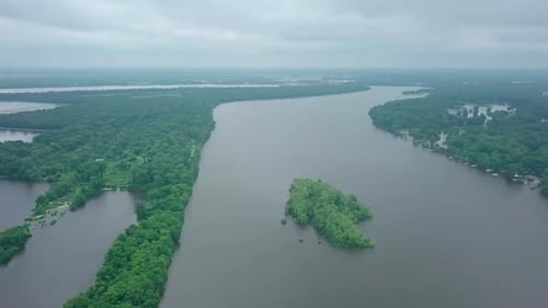 Historic flooding Arkansas River near Pine Bluff, Jefferson County, panning over flooded area