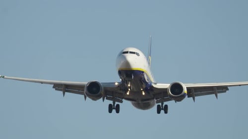 Passenger airplane landing at airport runway during clear skies