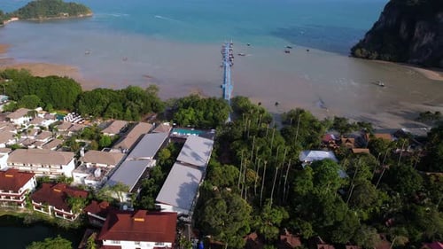 Aerial View of East Railay Beach, Pier and Buildings on Sunny Day, Krabi Province, Thailand