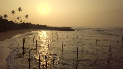 Aerial View drone 4k footage Of Traditional Stilt Fishing in Sri Lanka. Koggala Beach.
