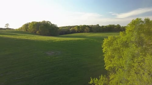 Flying just above the tree tops and over a picturesque pasture and geen meadow in spring