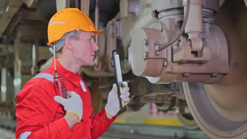 Professional technician worker hold light tube to check and maintenance part of train in electrical